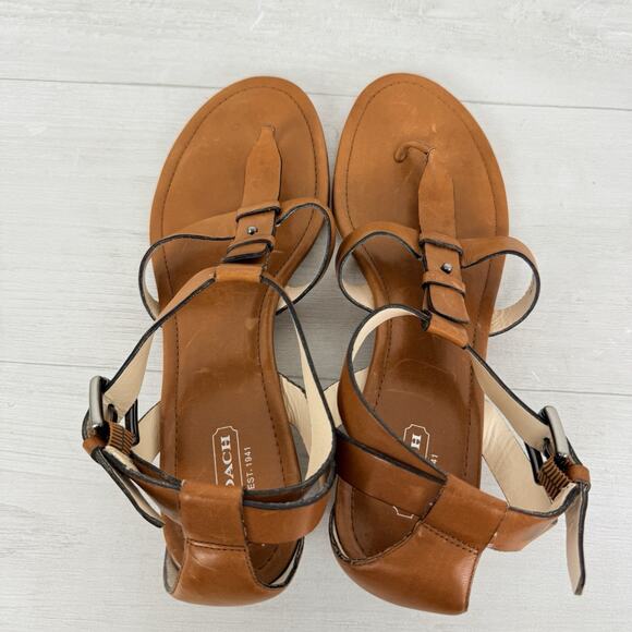 Coach Vivian Leather Thong Sandals Size 11 B Brown Strappy Low Wedge Classic - Picture 8 of 14